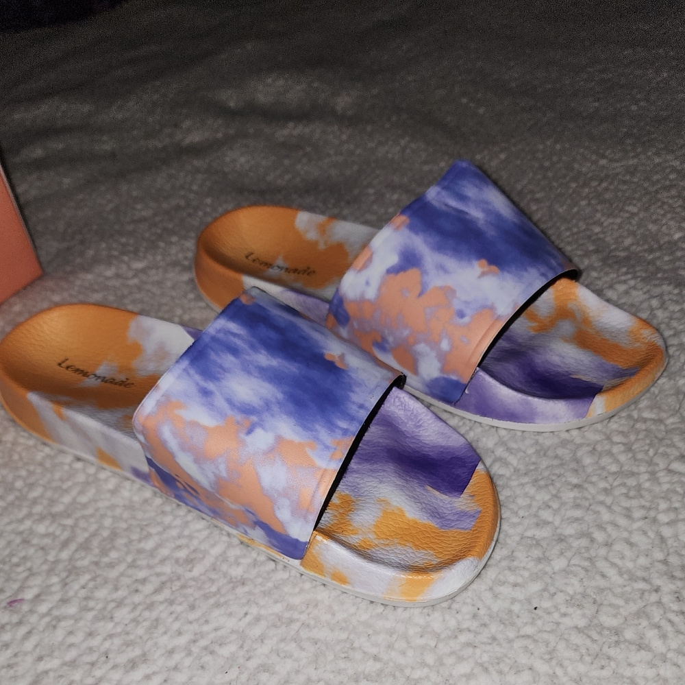 NIB Dolls Kill Trippy Orange And Purple , Marbled , Tye Dye Sandals - Picture 2 of 4